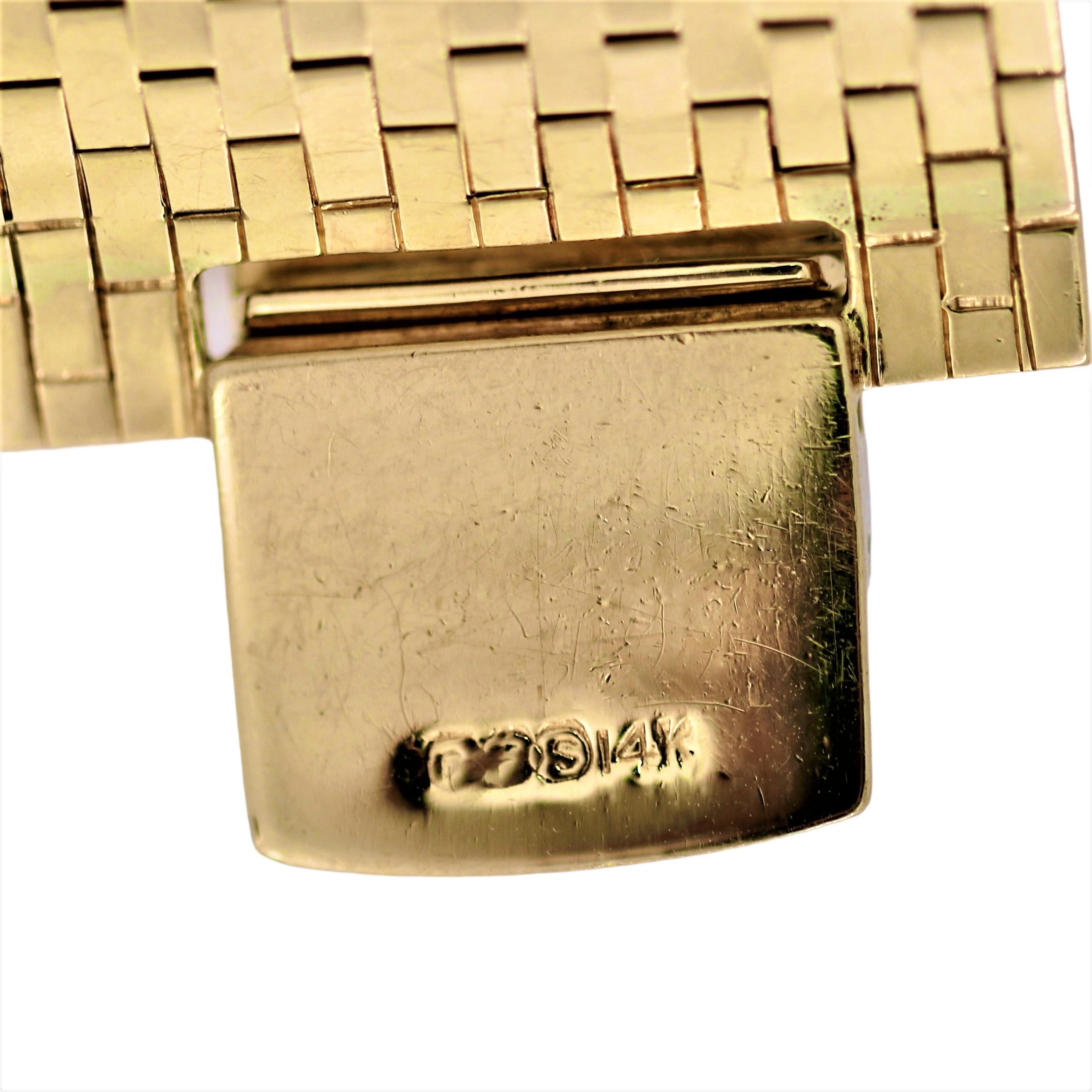 Women's Wide Retro Period 14K Gold Brick Bracelet with Gem Set Art Deco Platinum Charm For Sale