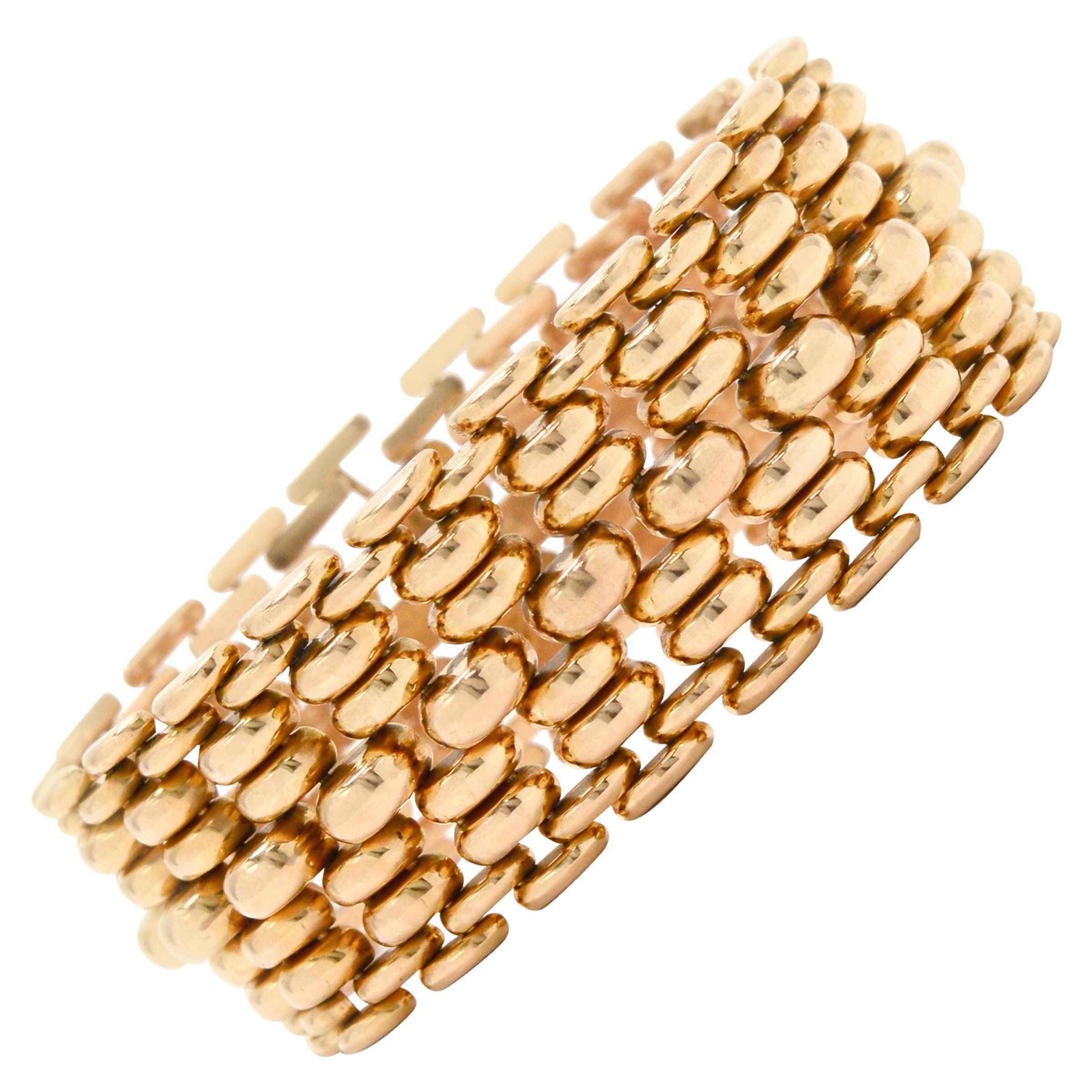 Wide Retro Rose Gold Bracelet Chunky 1940s Industrial Links Woven Tank Tread 18K