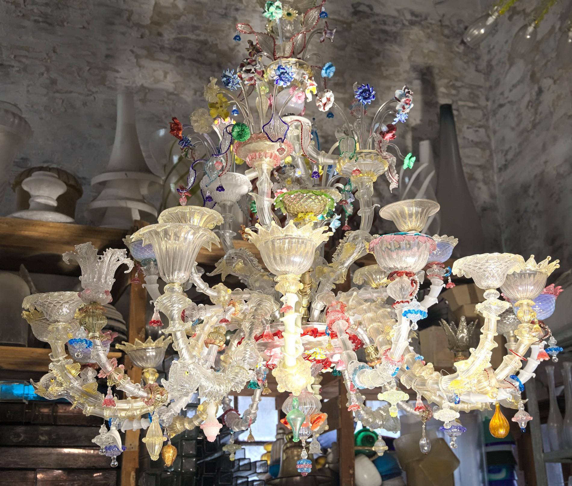Surprising Rezzonico chandelier made of an infinitive number of glass, each element is different from the other. I made a video for whoever is interested in seeing the complexity of this intriguing chandelier.
It's a triumph of flowers, ducks, fish,