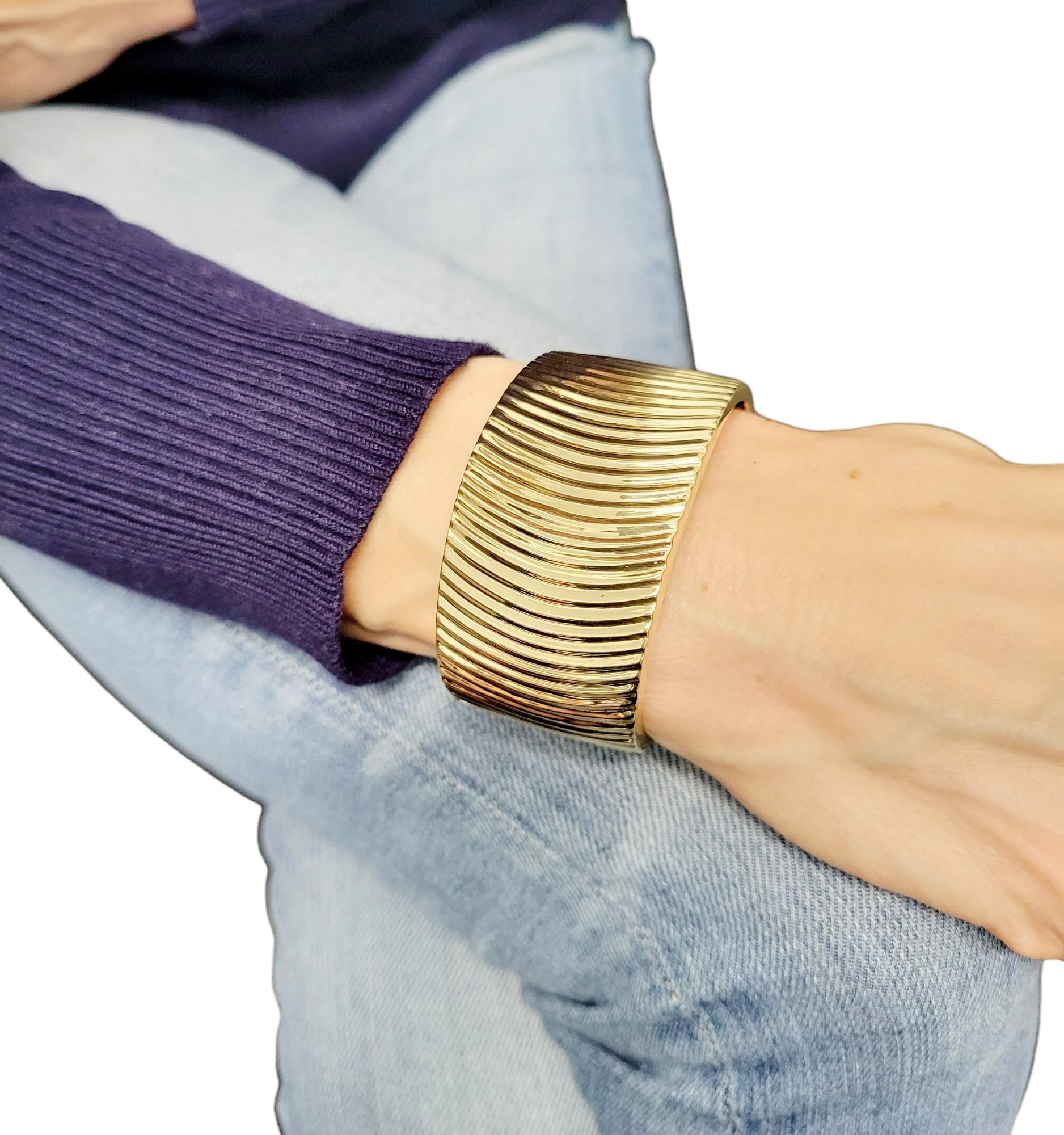 Wide Ridged Cuff Bracelet with Hinge Opening in Polished 14 Karat Yellow Gold  For Sale 3