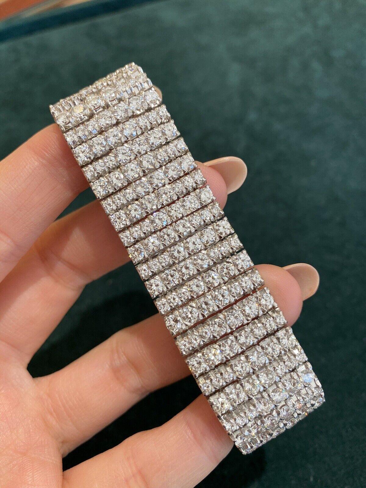 Wide Round Diamond 7 Row Bracelet 30.00cttw by Mikimoto in Platinum In Excellent Condition For Sale In La Jolla, CA