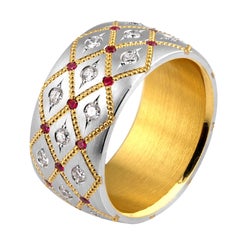Wide Ruby and Diamond band in Platinum and 24 Karat Gold by Zoltan David