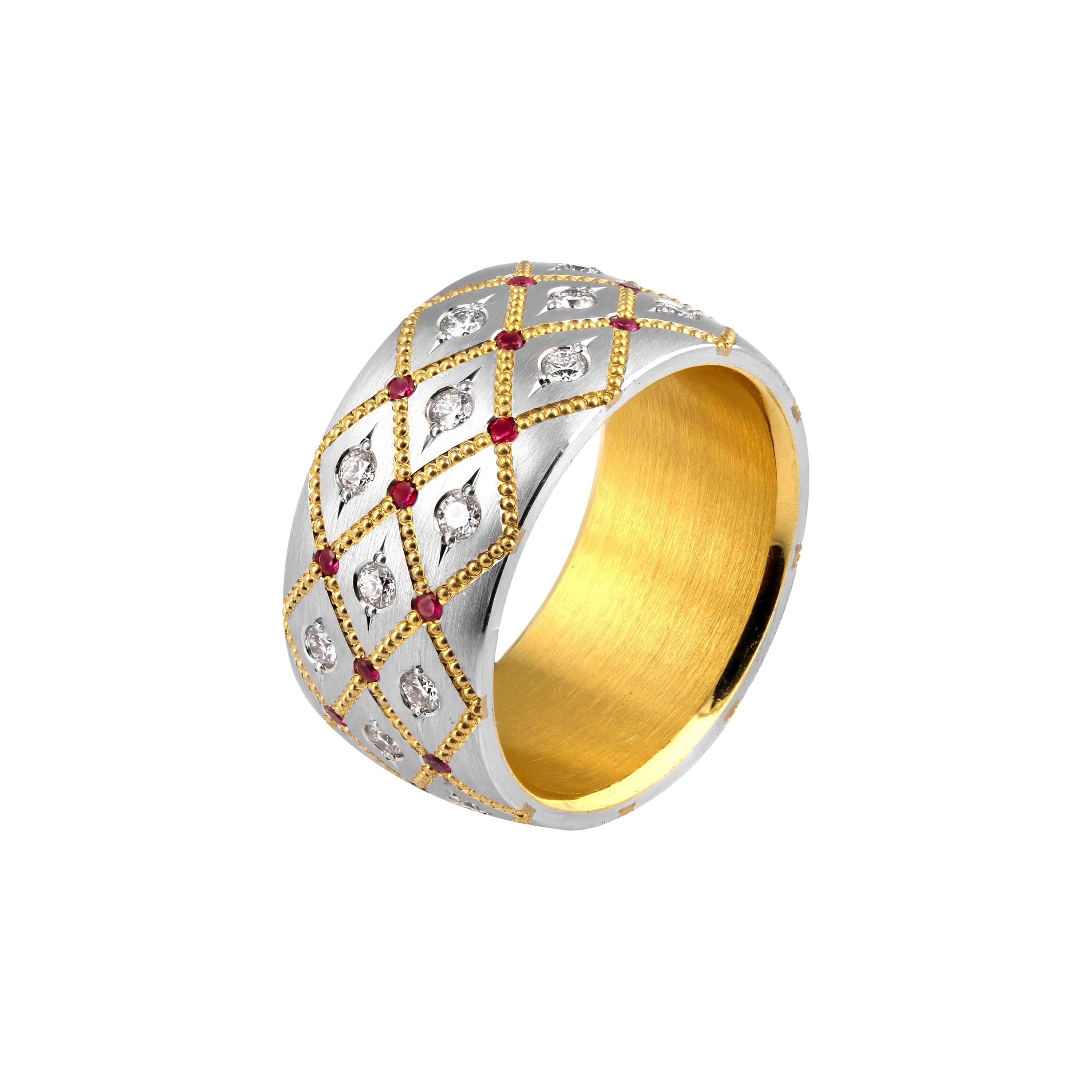 Wide Ruby and Diamond band in Platinum and 24 Karat Gold by Zoltan David For Sale