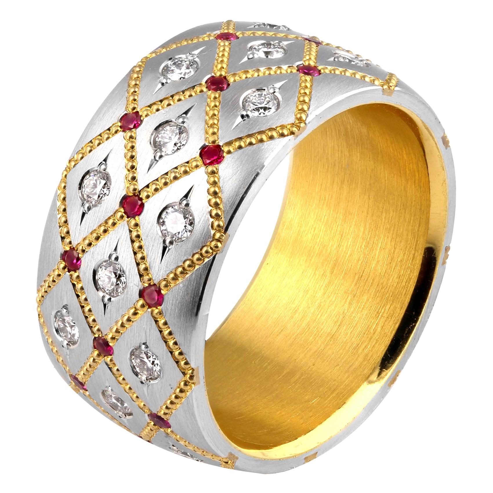 Wide Ruby and Diamond in Platinum and 24 Karat Gold Band For Sale