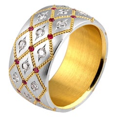 Wide Ruby and Diamond in Platinum and 24 Karat Gold Band