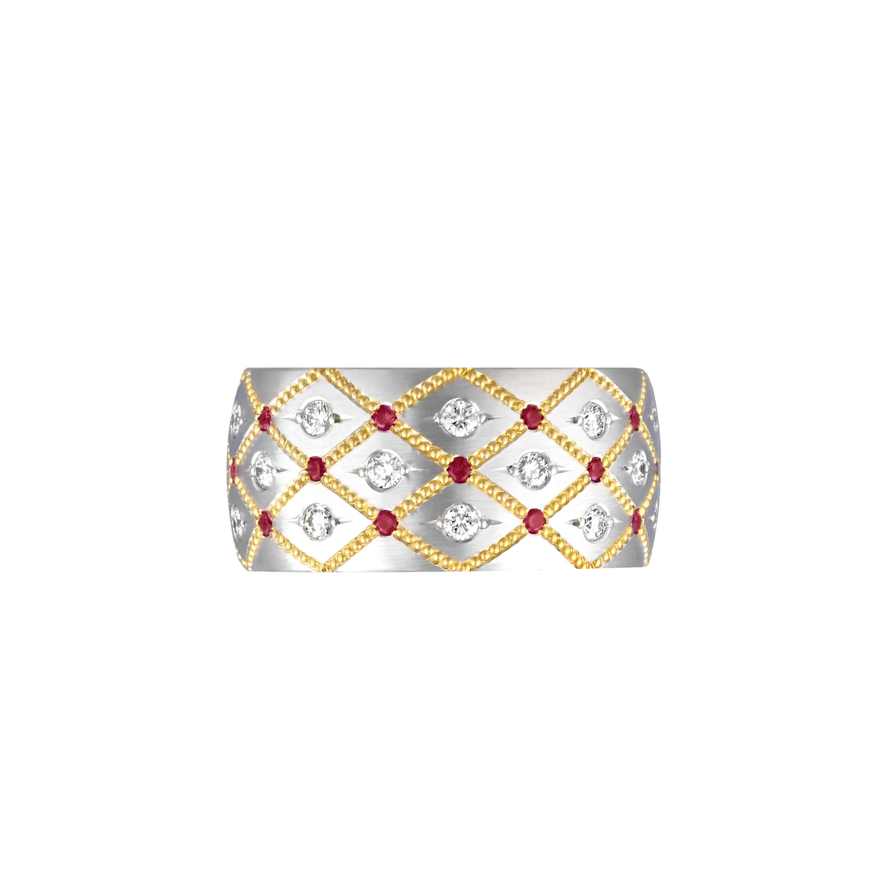 One of the most iconic Zoltan David pieces - the Ruby Duchess band. Made in Platinum with 24K Gold shaped inlay, .27 ct. of Rubies, .54 ct. total of DEF color/ Internally Flawless to VVS clarity Ideal cut Diamonds. 24K Gold inner sleeve. 10 mm wide.