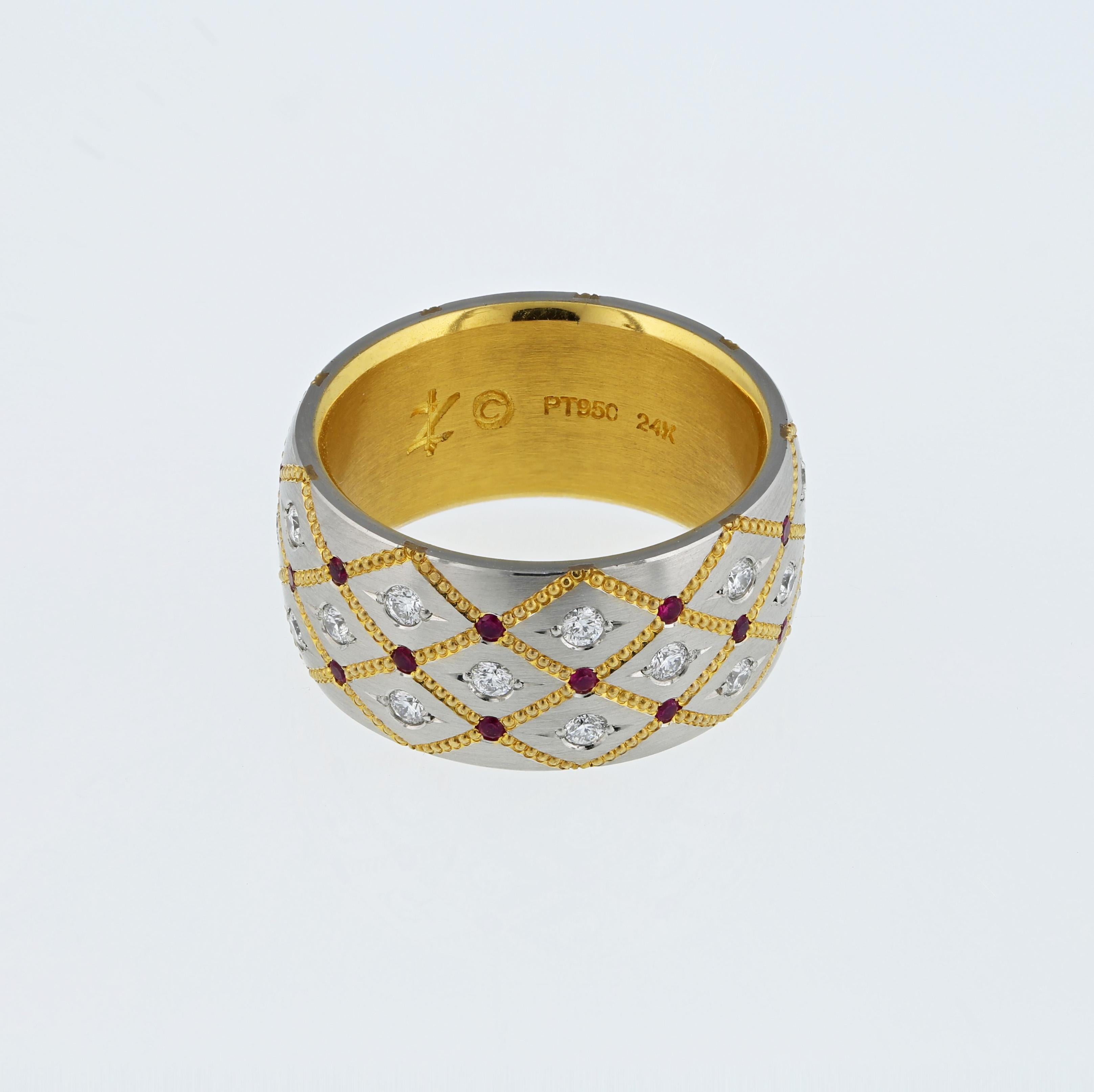 Contemporary Wide Ruby and Diamond in Platinum and 24 Karat Gold Band For Sale