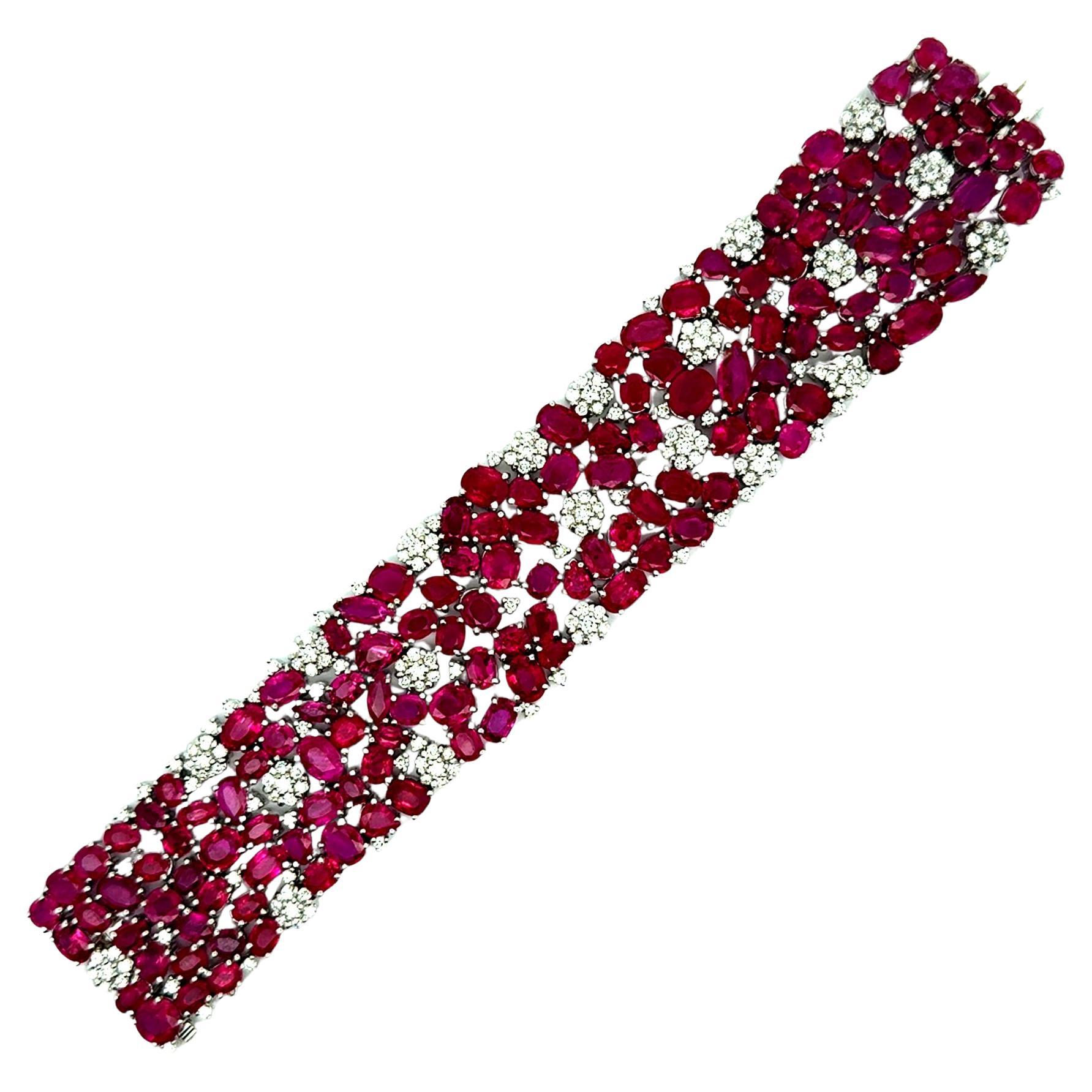 Wide Ruby Diamond 18k White Gold Cluster Bracelet