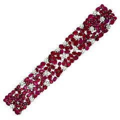 Wide Ruby Diamond 18k White Gold Cluster Bracelet