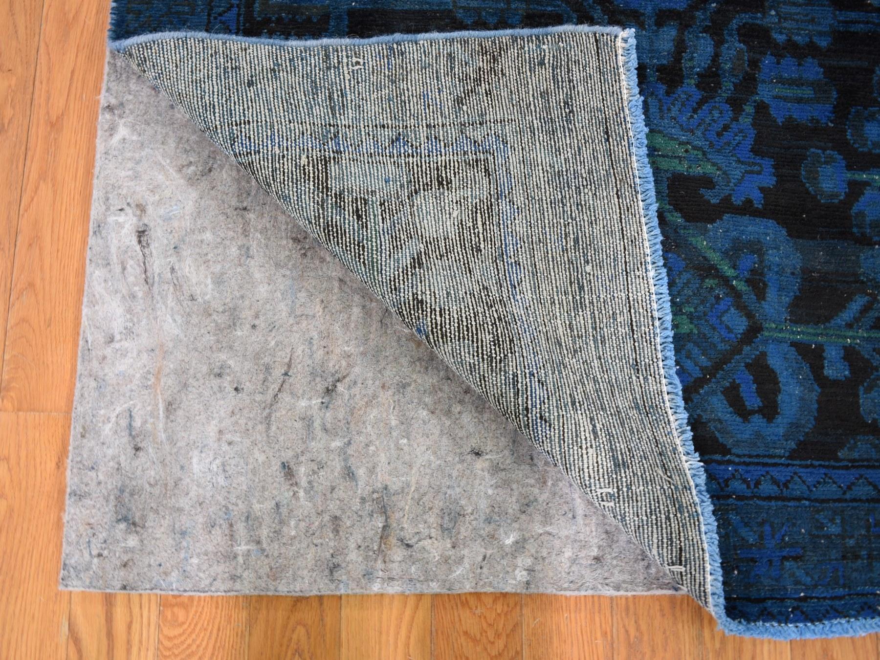 Medieval Vintage Wide Runner Blue Overdyed Persian Lilihan Handknotted Worn Down Wool Rug