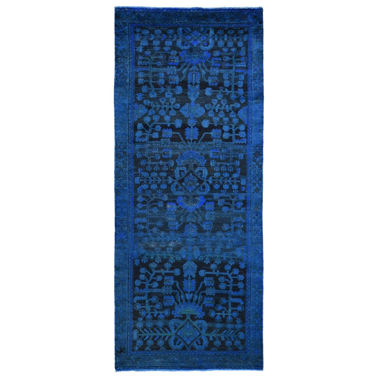 Vintage Wide Runner Blue Overdyed Persian Lilihan Handknotted Worn Down Wool Rug