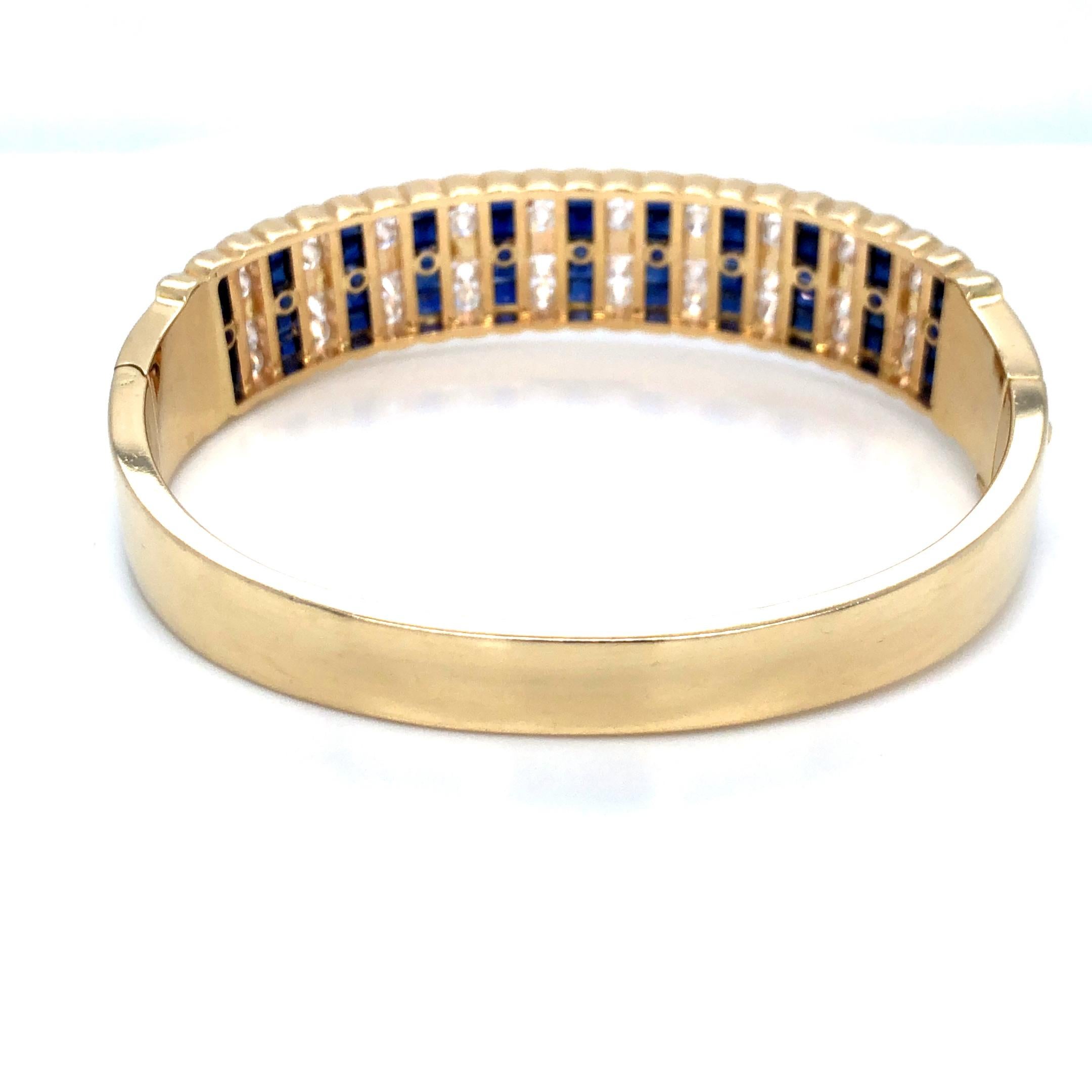 Round Cut Wide Sapphire & Diamond Bangle Bracelet 18K Yellow Gold For Sale