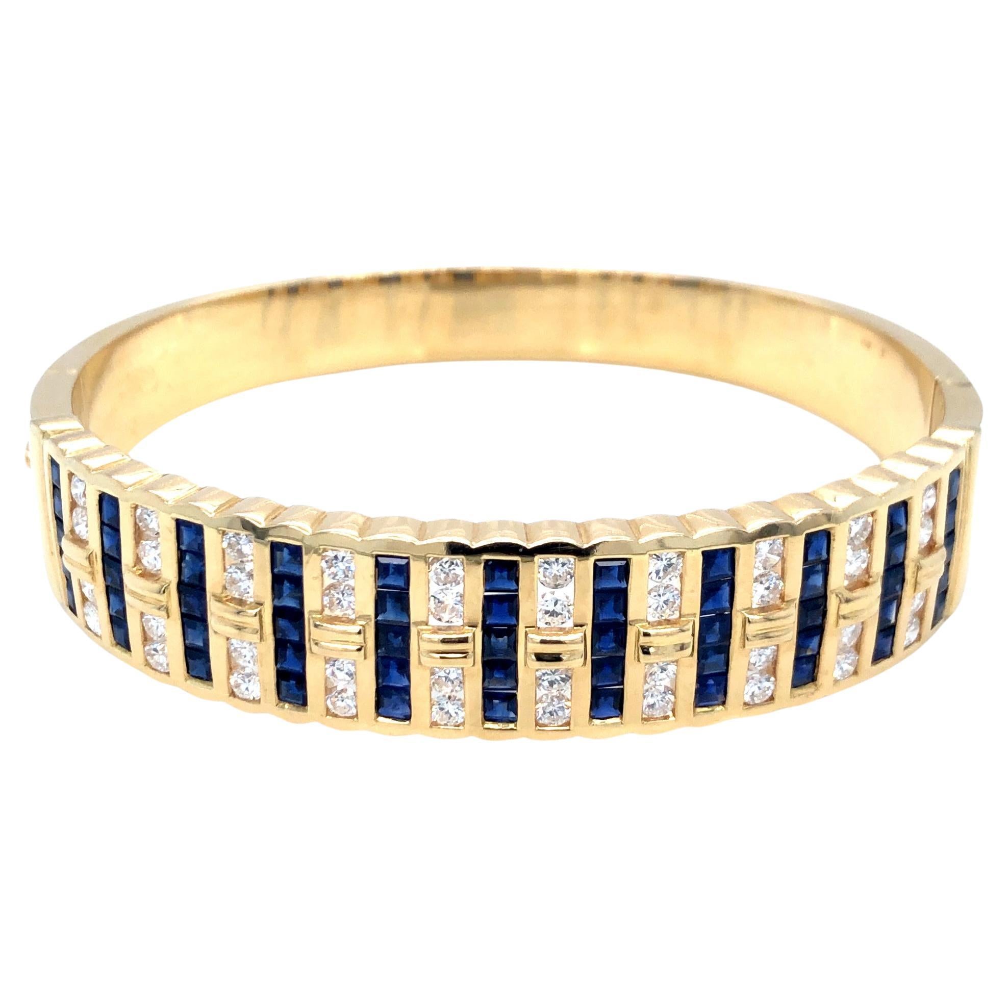 Wide Sapphire & Diamond Bangle Bracelet 18K Yellow Gold
