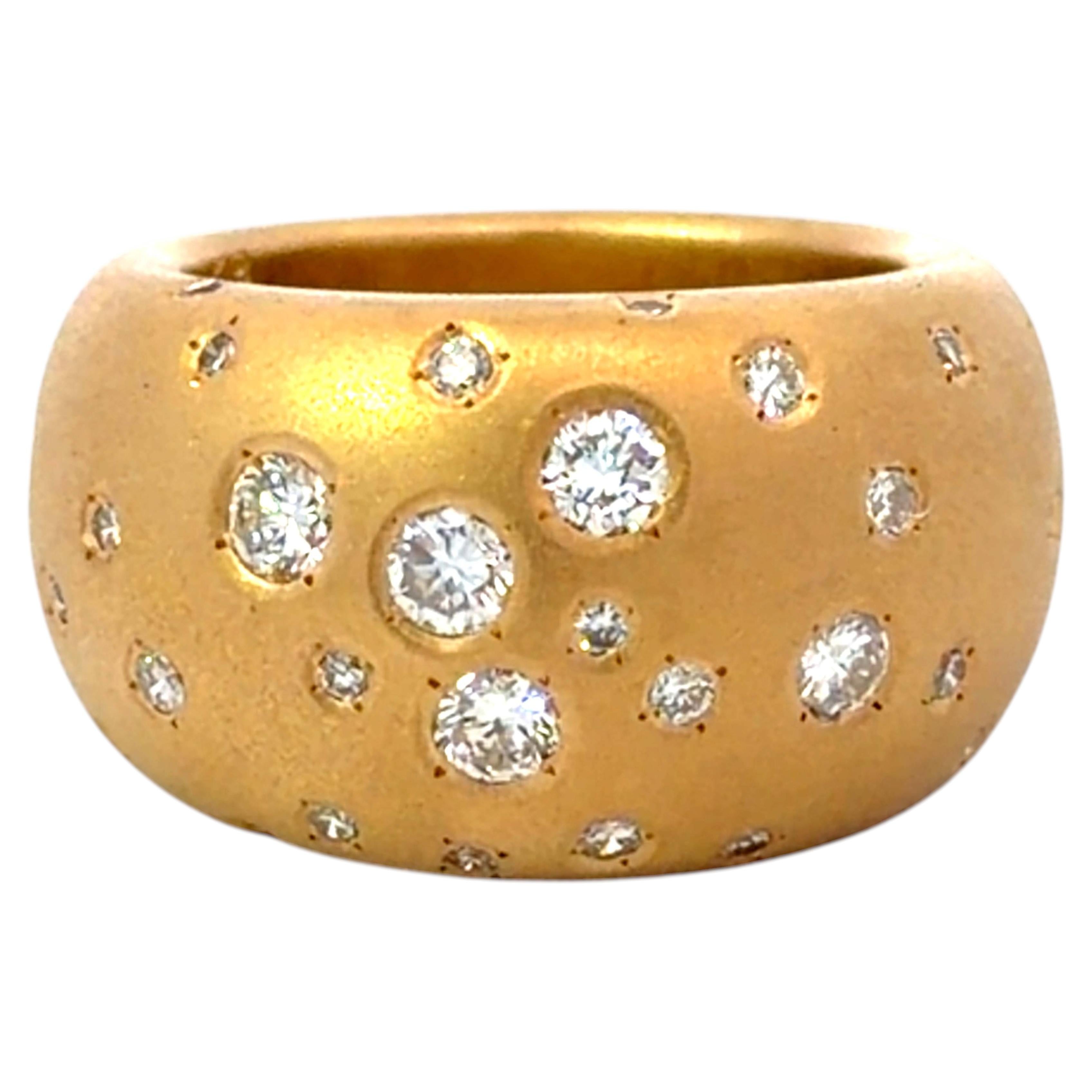 Wide Satin Finish Bezel Set Diamond Band Ring 18K Yellow Gold