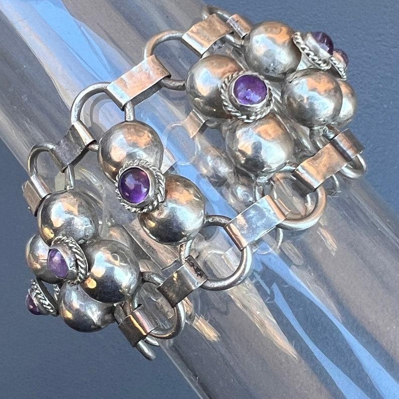 Breites Amethyst-Armband aus Silber, handgefertigt, mexikanisch im Zustand „Gut“ im Angebot in Monroe Township, NJ