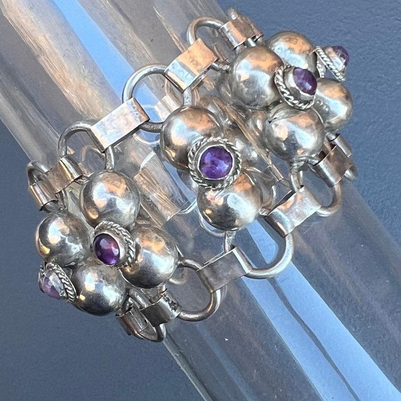 Breites Amethyst-Armband aus Silber, handgefertigt, mexikanisch für Damen oder Herren im Angebot
