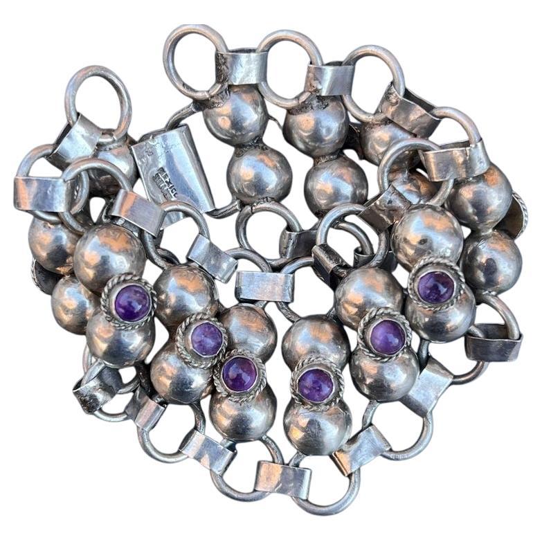 Breites Amethyst-Armband aus Silber, handgefertigt, mexikanisch im Angebot