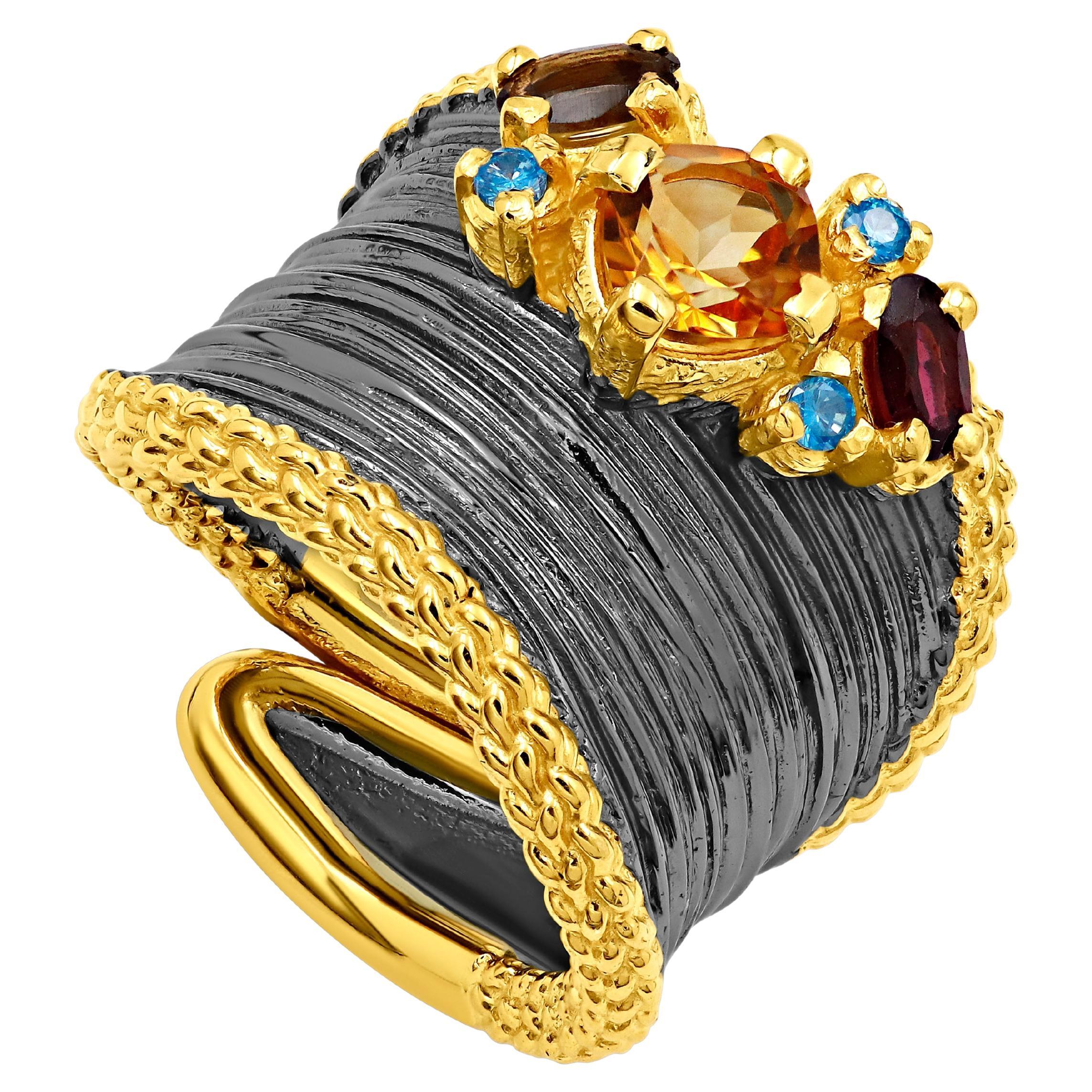 Wide Silver Band Ring with Citrine, Smoke, Garnet and Blue Topaz For Sale