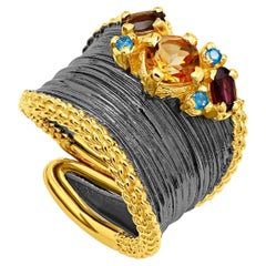 Wide Silver Band Ring with Citrine, Smoke, Garnet and Blue Topaz