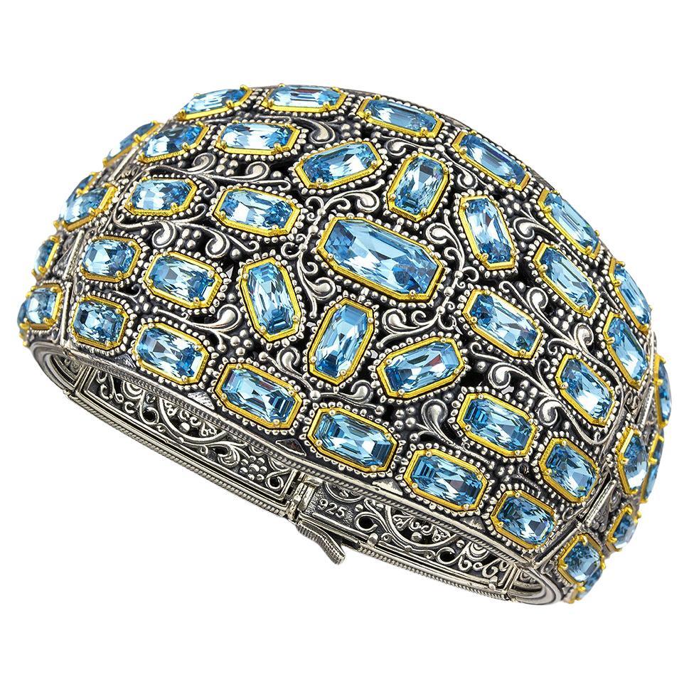 Wide Silver Bangle Bracelet with Swarovski Crystals, B122 For Sale