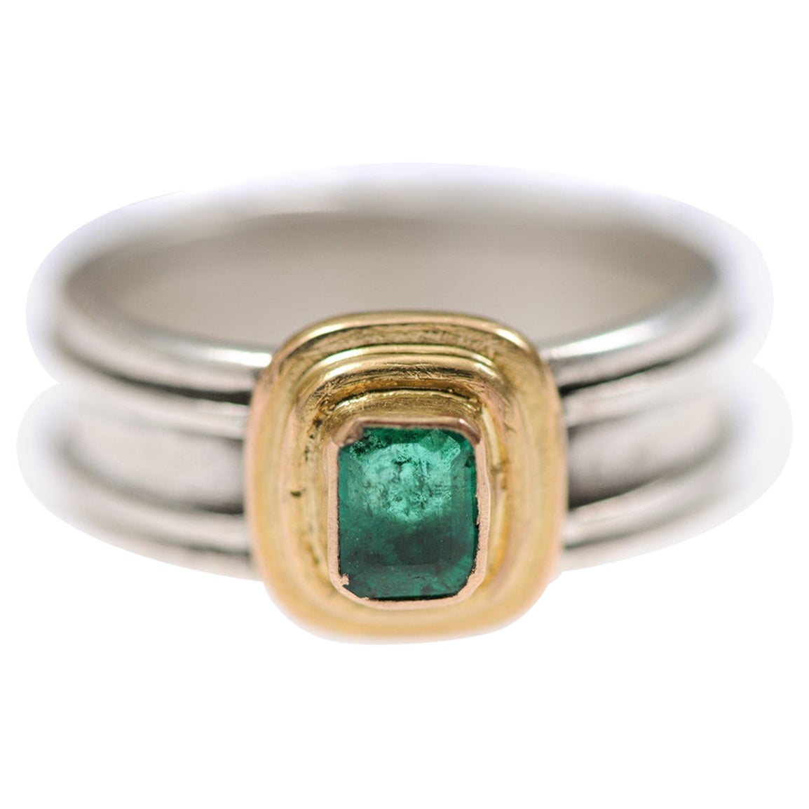 Wide Silver Ring w/Emerald in 22k Gold Tiered Bezel Set For Sale