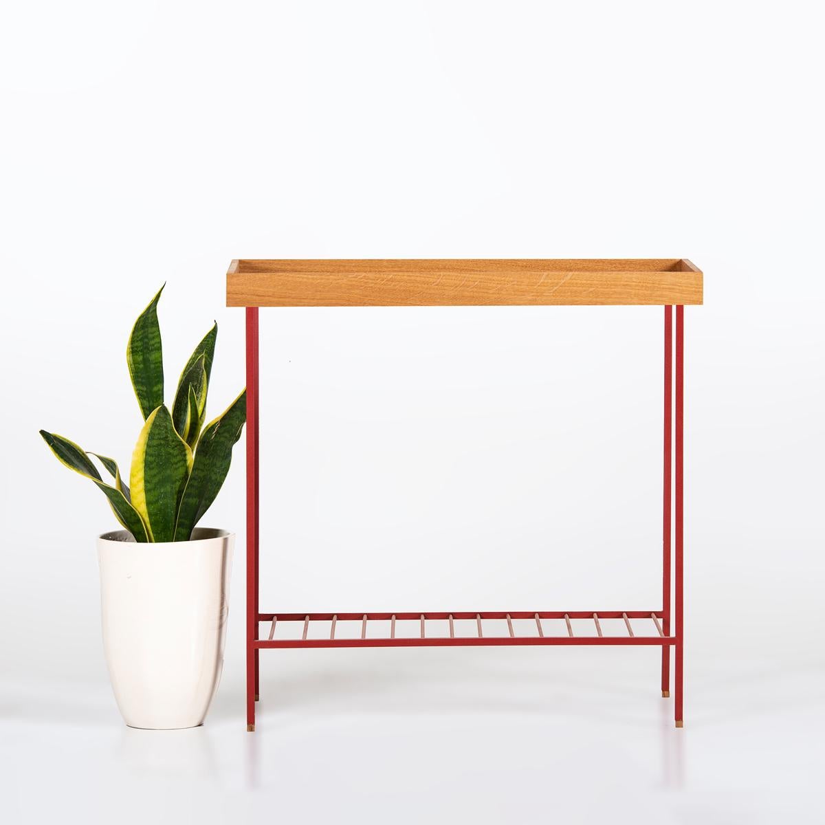 Breiter Beistelltisch / Pflanzenständer aus Massivholz - EDGE Serie, mit farbigen Metallbeinen im Angebot 1