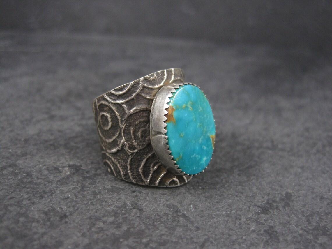 Native American Wide Southwestern Tufa Cast Turquoise Ring Size 11 For Sale