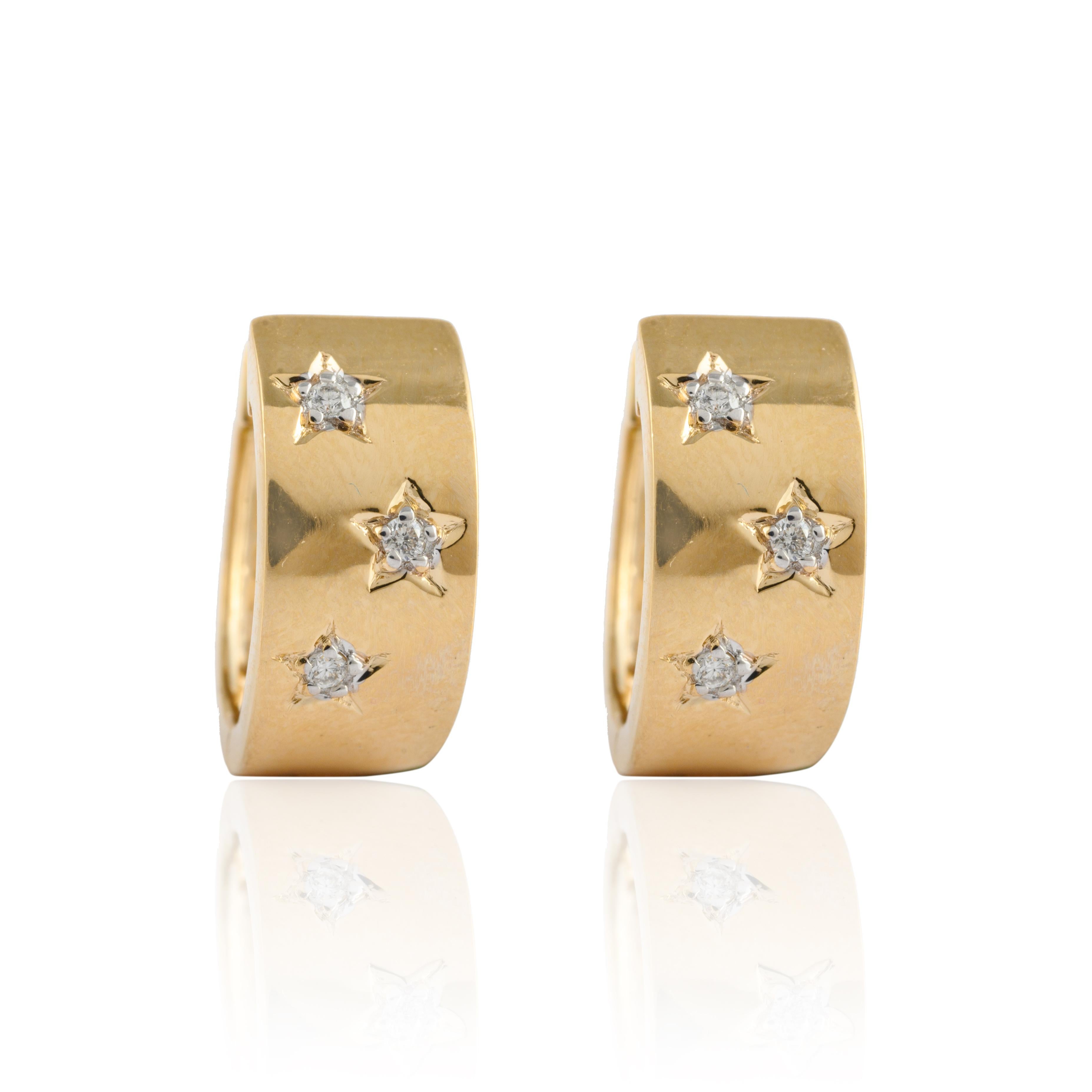 Modern Wide Starburst Diamond Dainty Hoop Earrings in 14k Solid Yellow Gold For Sale