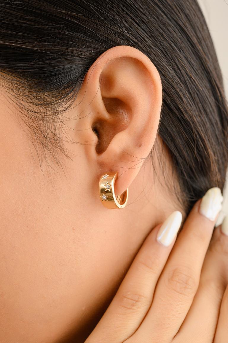 Round Cut Wide Starburst Diamond Dainty Hoop Earrings in 14k Solid Yellow Gold For Sale
