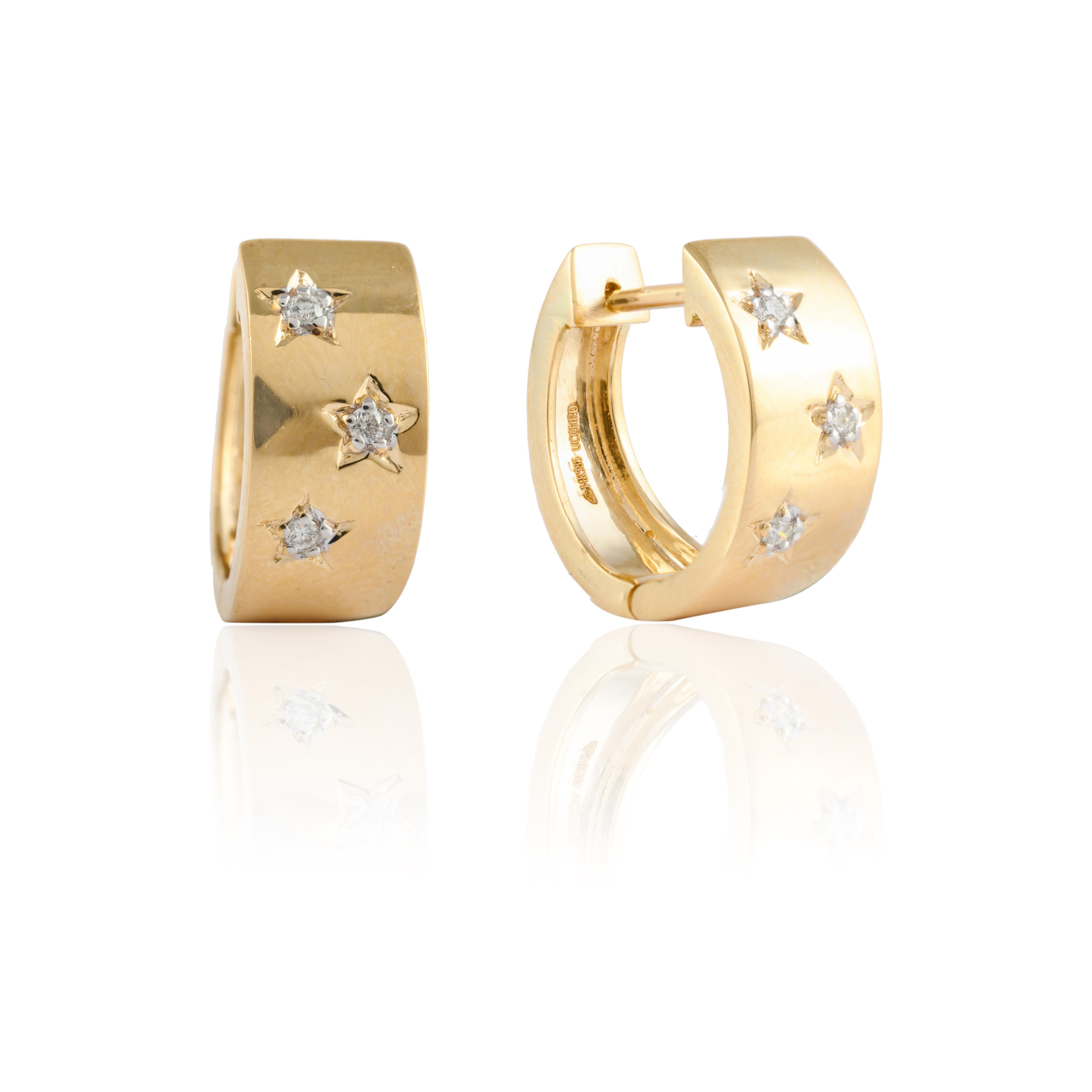 Orecchini a cerchio largo con diamante Starburst Dainty in oro giallo massiccio 14k In condizioni Nuovo in vendita a New York, NY