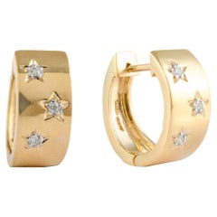 Wide Starburst Diamond Dainty Hoop Earrings in 14k Solid Yellow Gold