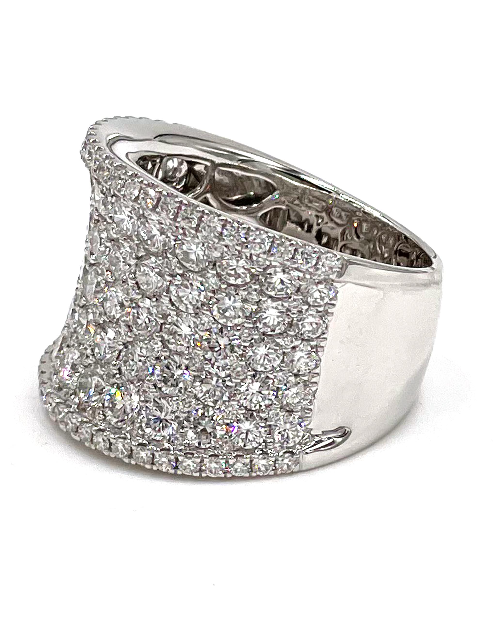 Women's Wide Statement Ring, 18K White Gold with Round Diamonds 3.77 Carats For Sale