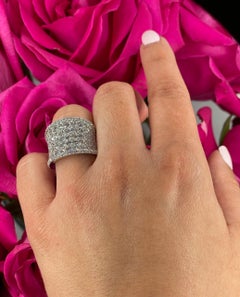 Multi Row Curved Wide Tapering Ring in 18K White Gold, Round Diamonds 3.77 Cts