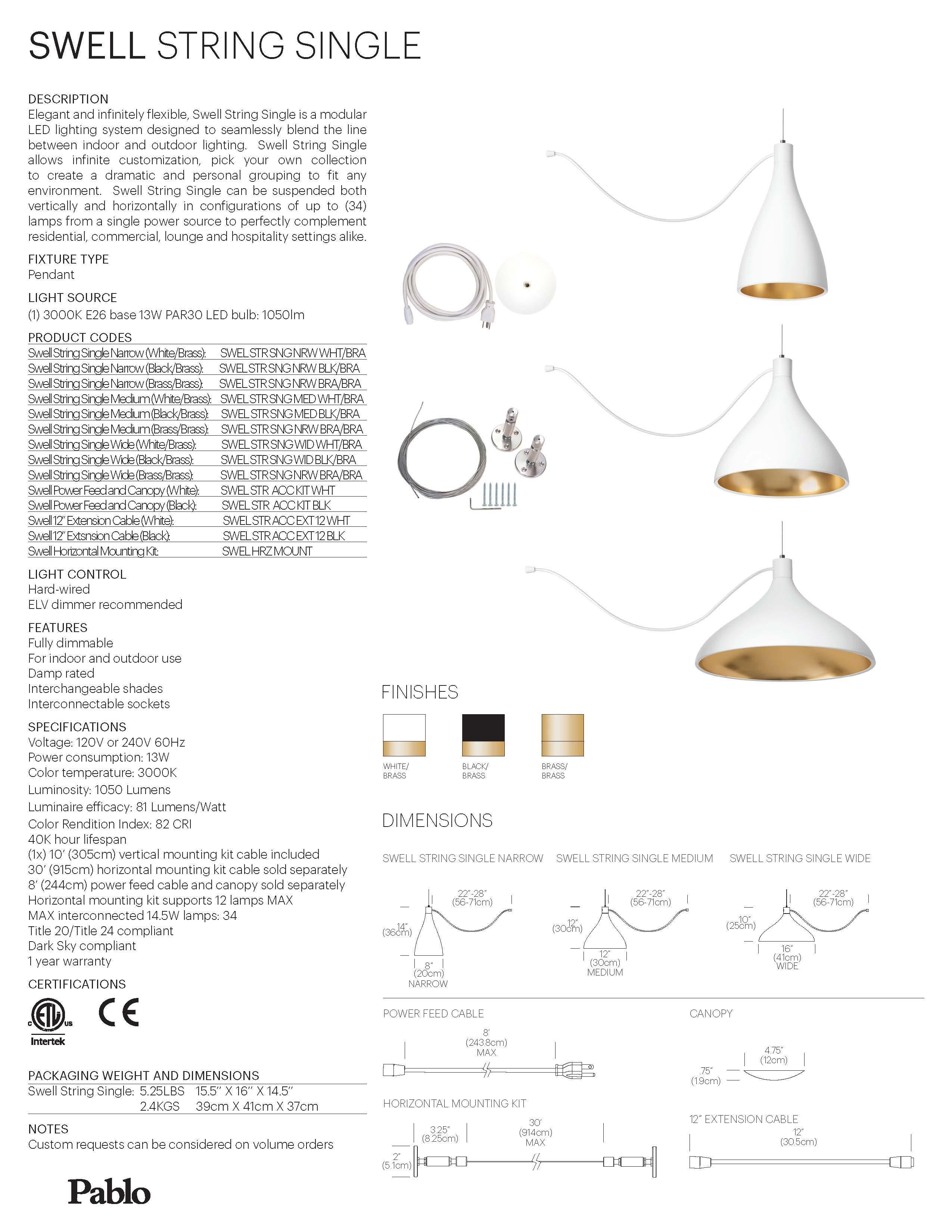 American Wide Swell String Pendant Light in White and Brass by Pablo Designs For Sale