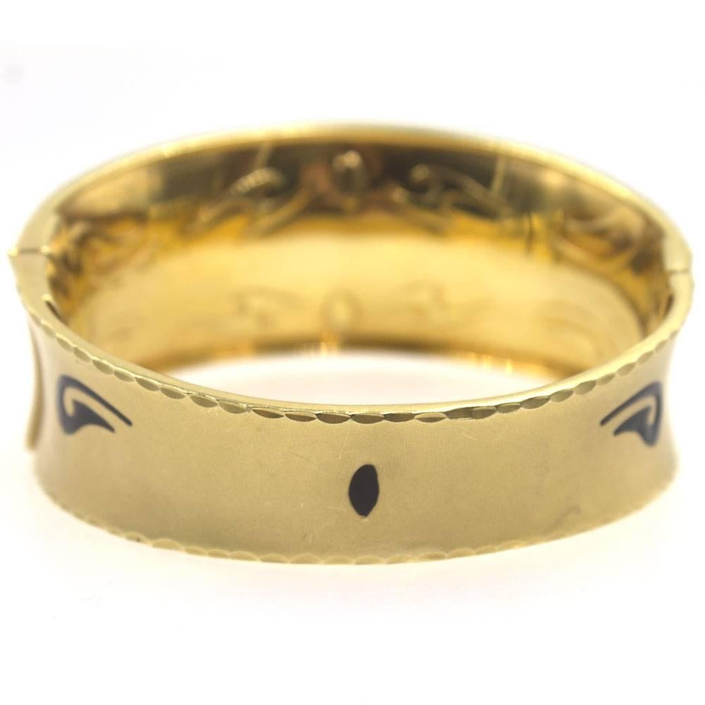 Wide Tapered 14 Karat Yellow Gold Black Enamel Bangle Bracelet In Excellent Condition In Boca Raton, FL