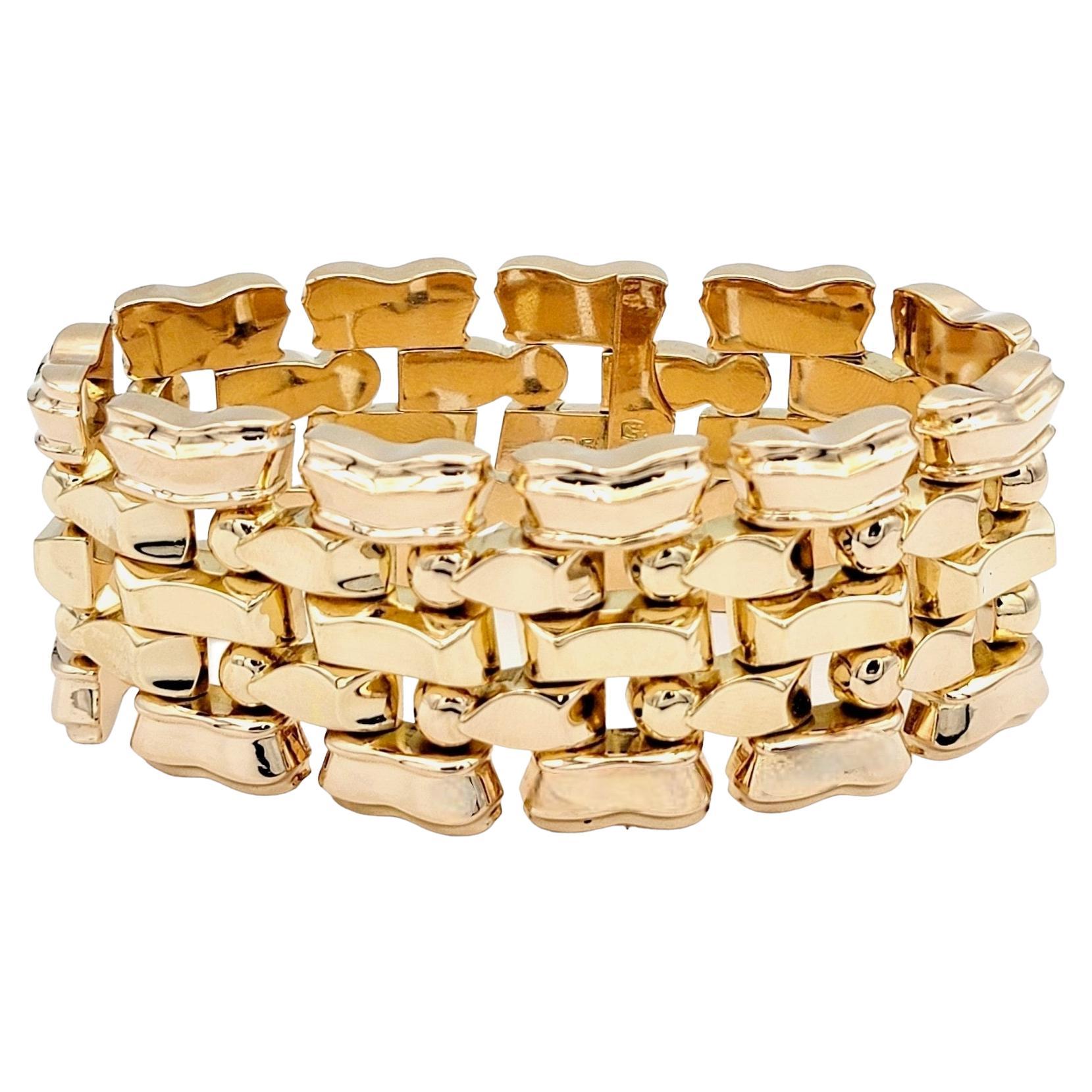 Wide Textured Multi-Row 18 Karat Rose Gold Flexible Chunky Link Bracelet 7.5"