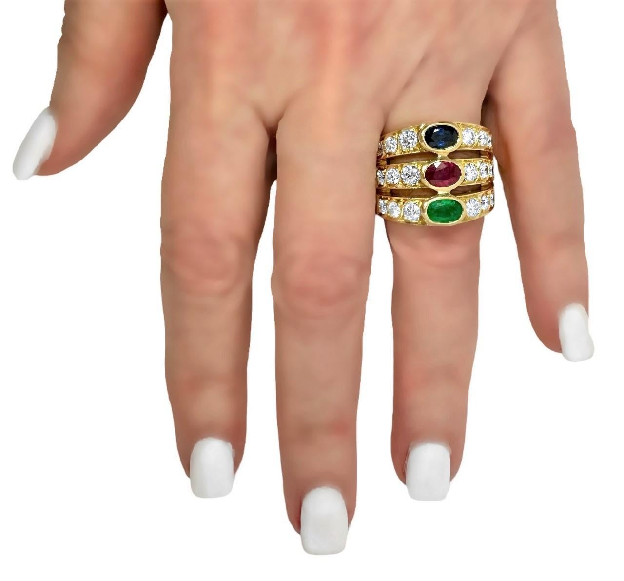 Wide Three Row Ring with Emerald Ruby Sapphire and Diamonds in 18k Yellow Gold 5