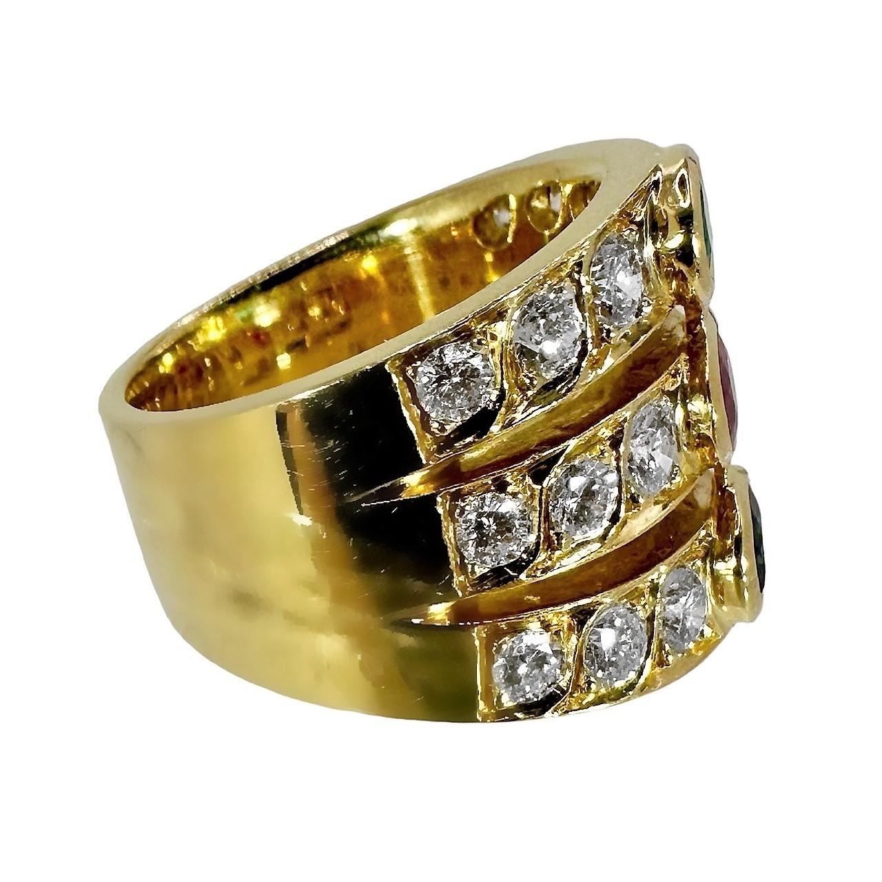 Oval Cut Wide Three Row Ring with Emerald Ruby Sapphire and Diamonds in 18k Yellow Gold