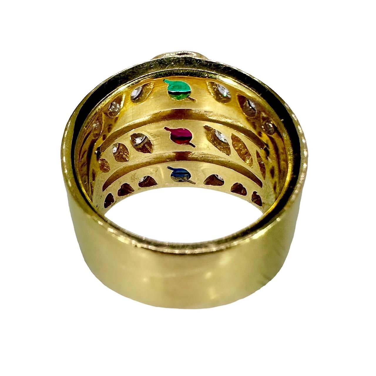 Wide Three Row Ring with Emerald Ruby Sapphire and Diamonds in 18k Yellow Gold In Good Condition In Palm Beach, FL