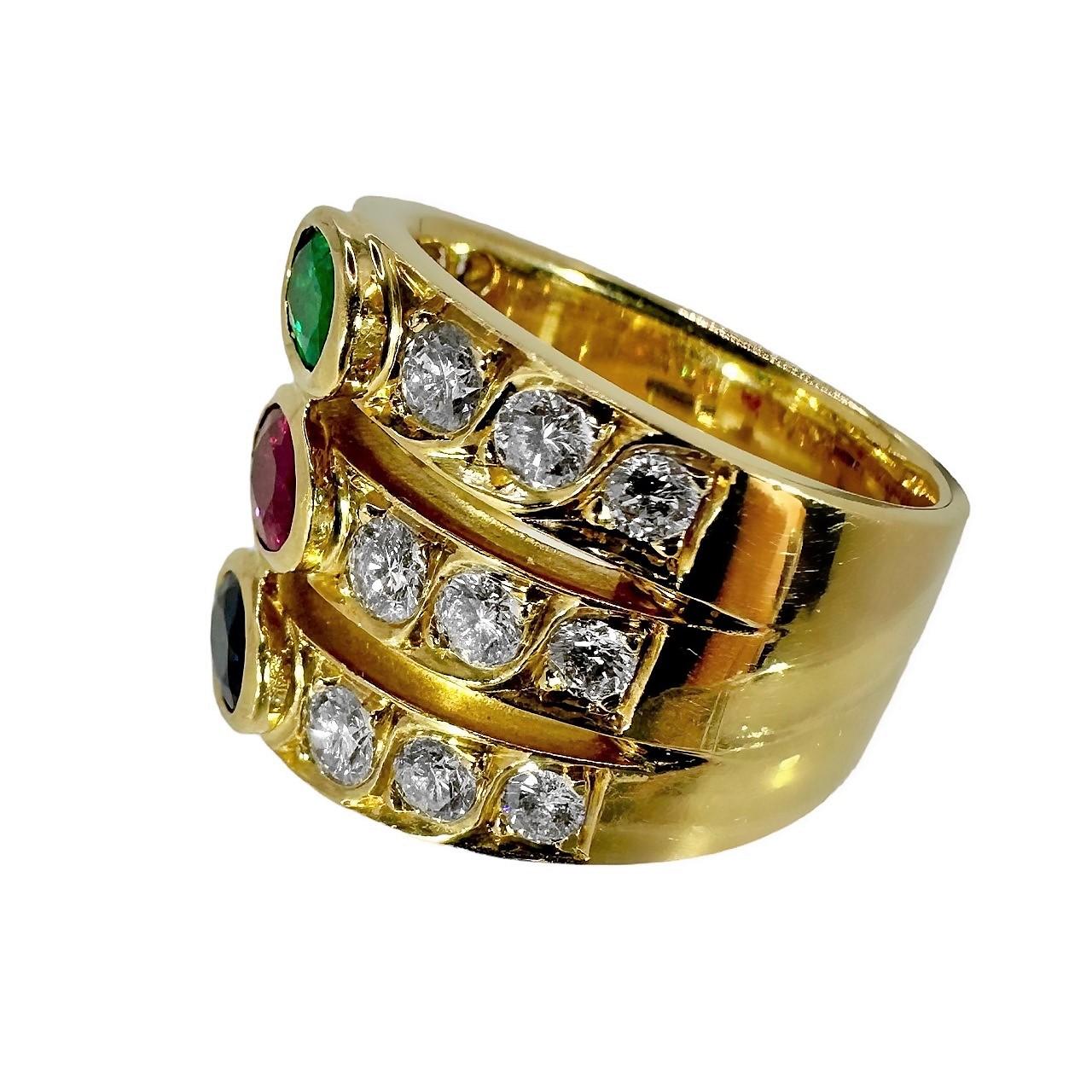 Women's or Men's Wide Three Row Ring with Emerald Ruby Sapphire and Diamonds in 18k Yellow Gold