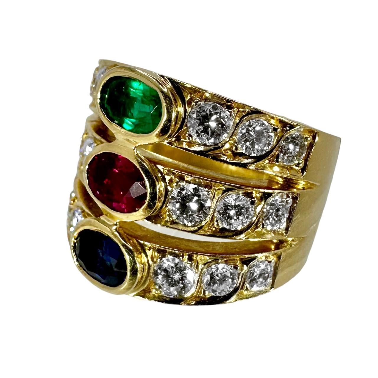 Wide Three Row Ring with Emerald Ruby Sapphire and Diamonds in 18k Yellow Gold 1