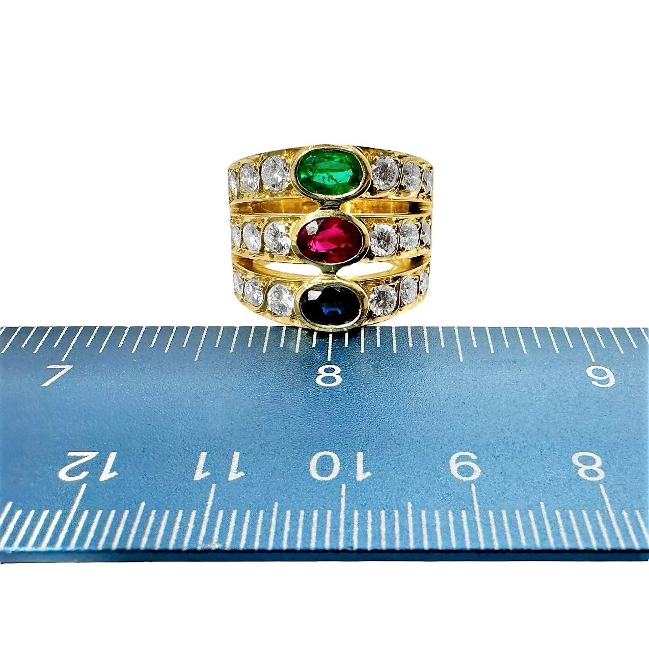 Wide Three Row Ring with Emerald Ruby Sapphire and Diamonds in 18k Yellow Gold 3