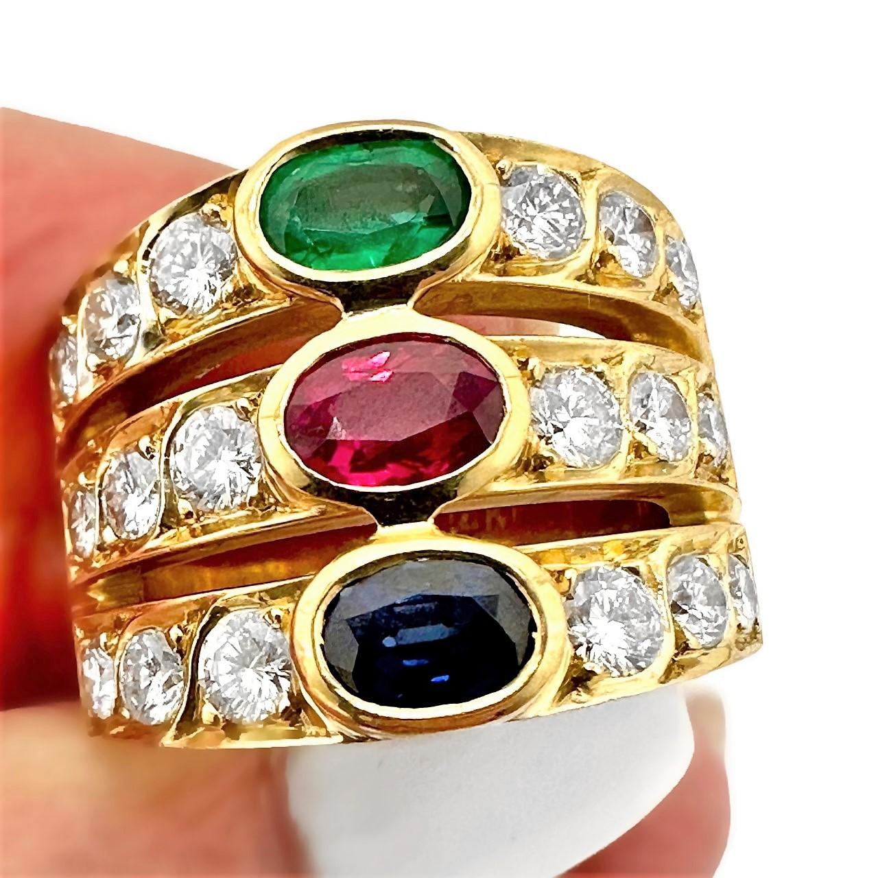 Wide Three Row Ring with Emerald Ruby Sapphire and Diamonds in 18k Yellow Gold 4