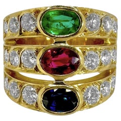 Wide Three Row Ring with Emerald Ruby Sapphire and Diamonds in 18k Yellow Gold