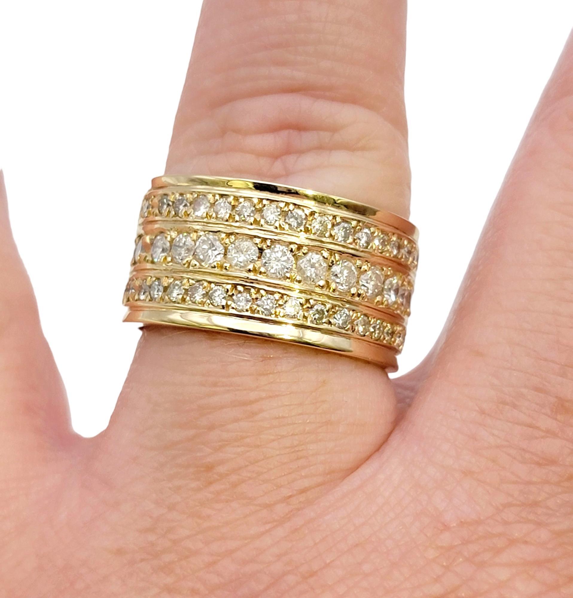 Wide Three Row Round Brilliant Diamond Eternity Band Ring 14 Karat Yellow Gold 2