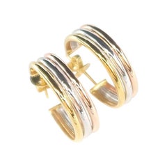 Wide Tricolour 18K Gold Fluted Band Push Back Closure Hoop Earrings