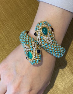 Wide Two-Head Snake Bangle with Turquoise, Emeralds and Diamonds 18k Yellow Gold