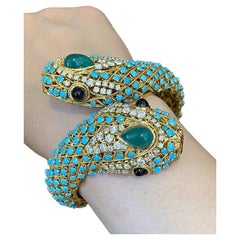 Wide Two-Head Snake Bangle with Turquoise, Emeralds and Diamonds 18k Yellow Gold