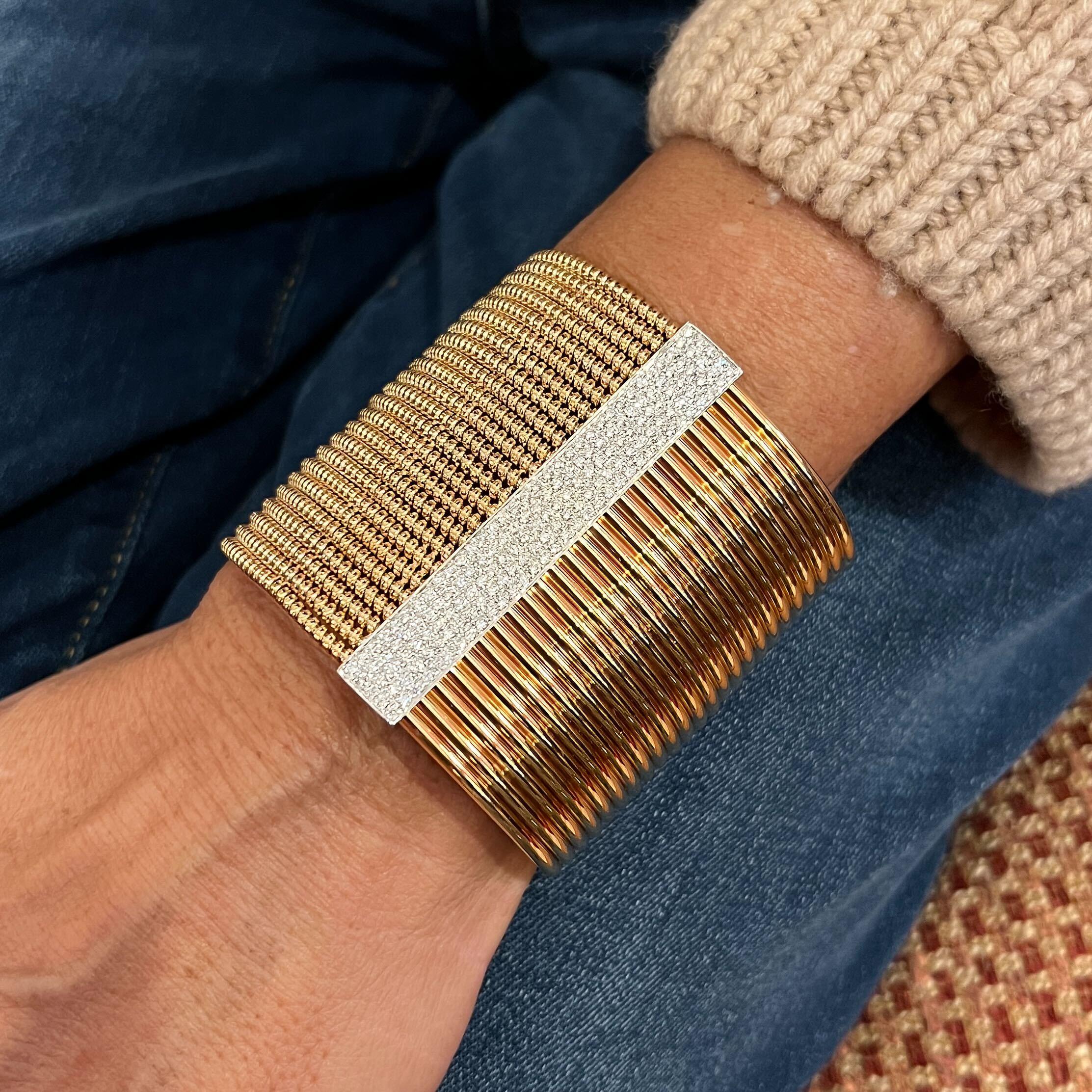 Wide Two Tone Gold Diamond Tubogas Cuff Bracelet In Good Condition For Sale In New York, NY