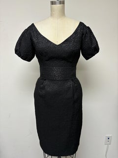 Little Black V Neck Dress in a Sparkly French Brocade and Puffy Sleeves